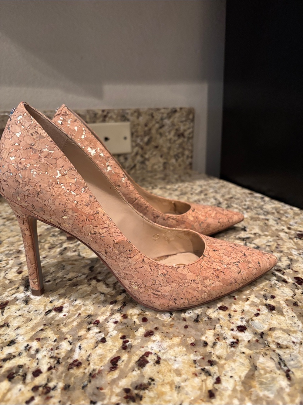 Sam Edelman Peach-Pink Cork-Effect Pointed Toe Pumps, 4 Inch heels - Picture 1 of 5